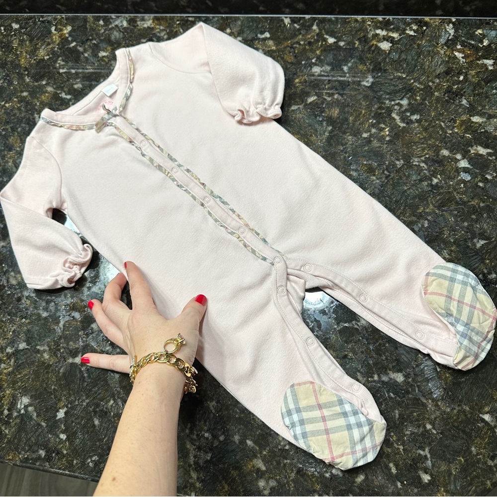 Burberry Baby Girl Pink Footie Owerall 3-6M Check Trim Designer Romper Newborn